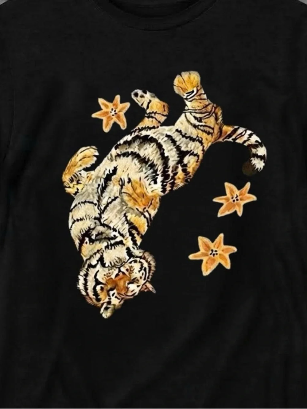 Gildan Black Tee with Orange Tiger and Flower Graphic